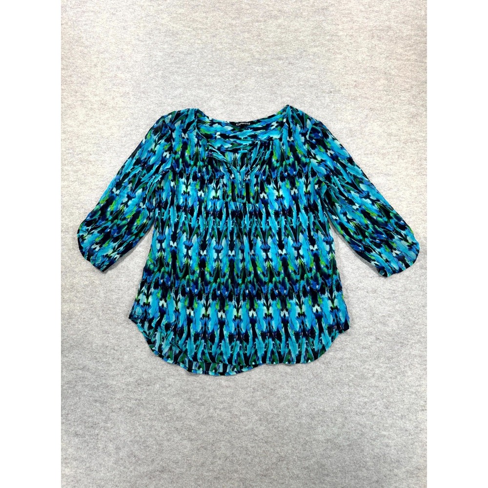 Express Blouse Top Womens Medium Teal Blue Abstract Chiffon Keyhole 3/4 Sleeve